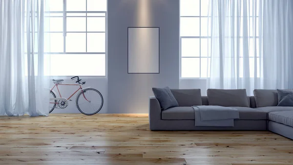 Modern living room with pink Bicycle leaning against the wall