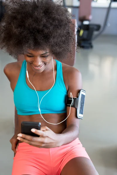 Attractive Afro American Woman Blue Sportswear Enjoying Time Gym — Stock Photo, Image
