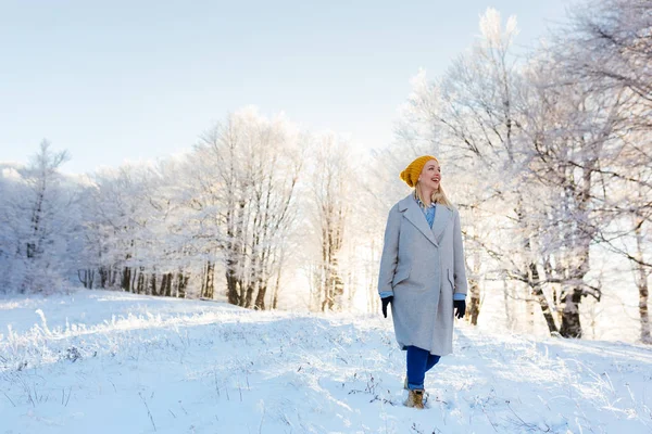 Bella donna a piedi in montagne innevate — Foto Stock