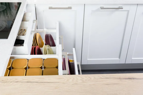 Spices and groceries organized in a modern kitchen drawer — Stock Photo, Image