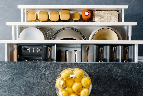 Utensils in kitchen drawers — Stock Photo, Image