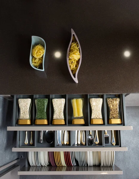 Modern kitchen countertop with food ingredients — Stock Photo, Image