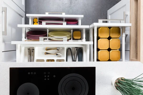 Organized modern kitchen drawers — Stock Photo, Image