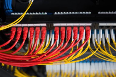 Network server room routers with colorful cables clipart
