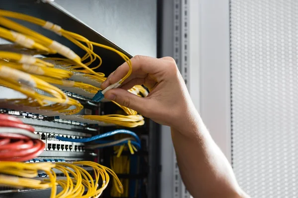 Hand Fixing Cables Network Server Room Routers — Stock Photo, Image