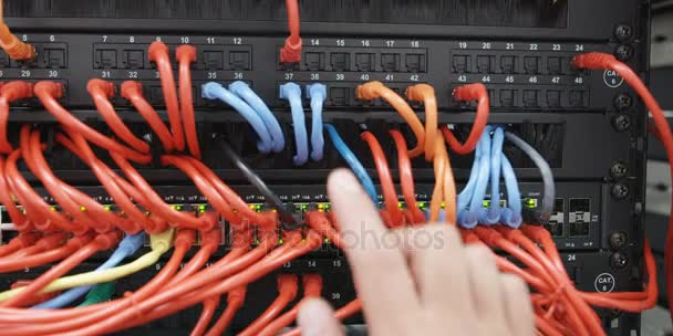在服务器室背景下用红色和蓝色的电缆进行男性手特写 — 图库视频影像