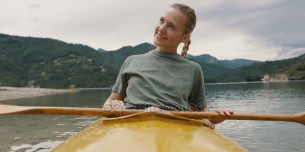 Close Portrait Cute Blonde Woman Yellow Canoe Boat River — Stock Video