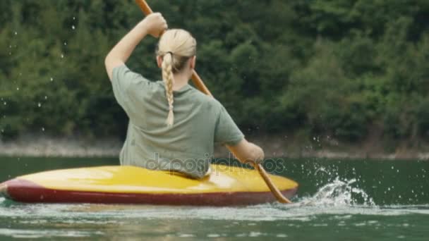 Young Woman Kayaking River — Stock Video