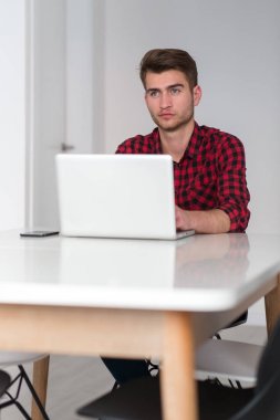 Genç işadamı ekose gömlekli evde çalışma