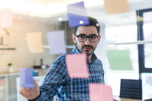 Uomo Affari Che Legge Appunti Adesivi Sulla Parete Vetro Ufficio — Foto Stock