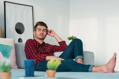 Genç işadamı ekose gömlekli evde çalışma