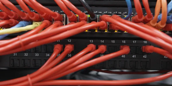 Detail of a communications rack, cables, switches and network