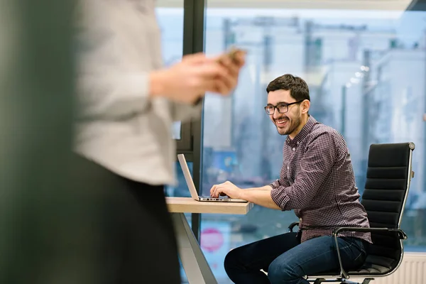 Happy Young Business Man Wearing Glasses Portrait Bright Modern Office — Stock Photo, Image