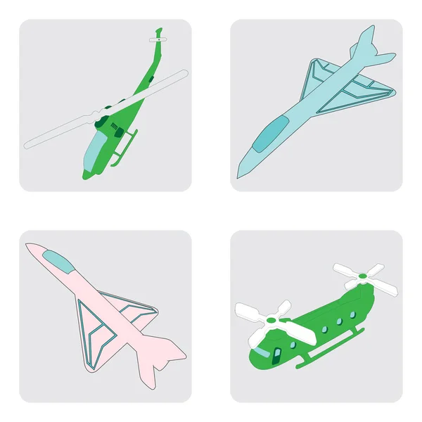 Векторный набор иконок с военными самолетами и вертолетами — стоковый вектор