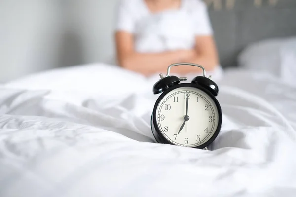 Woman Sleep Bed Turns Alarm Clock Wake Morning Selective Focus — Stock Photo, Image