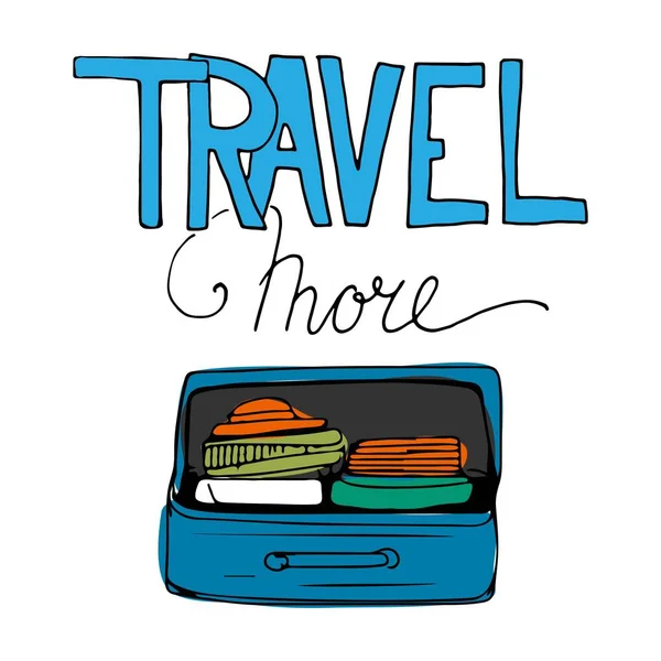 Viaja más. Cita de motivación. Conjunto dibujado a mano de diferentes bolsas de viaje y maletas . — Vector de stock