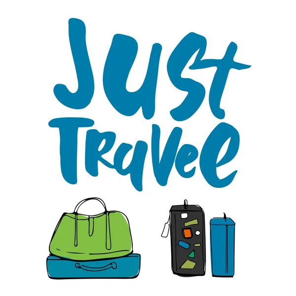 Reisen mehr. Motivationszitat. Handgezeichnetes Set aus verschiedenen Reisetaschen und Koffern. — Stockvektor