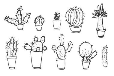 Küme farklı bitkilerin kaktüs. Elle çizilmiş illüstrasyon.