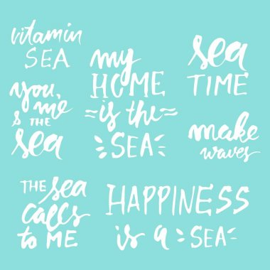 Deniz tırnak. El çizimi tasarımınız için yazı. Deniz benim evim. Mutluluk bir deniz gibi. Sen, ben ve deniz