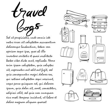 Daha fazla seyahat. Motivasyon teklif. Elle çizilmiş dizi farklı seyahat çanta ve valiz.