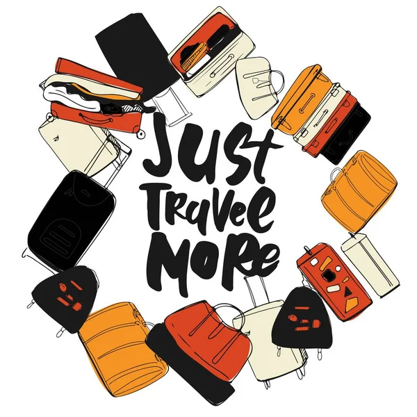 Více cestují. Motivační citát. Ručně kreslenou sada různých cestovní tašky a kufry. — Stockový vektor
