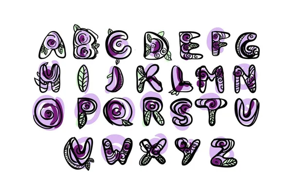 Elle çizilmiş latin yazı tipi. Doodle tarzı. Flloral sembolleri — Stok Vektör