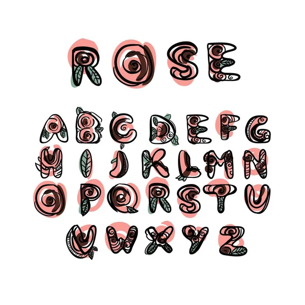 Elle çizilmiş latin yazı tipi. Doodle tarzı. Flloral sembolleri — Stok Vektör