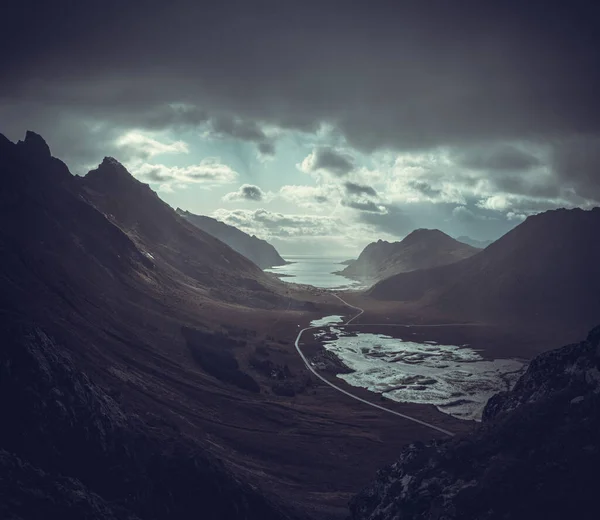 Lofoten Islands, cloudy landscape with mountain and sea views