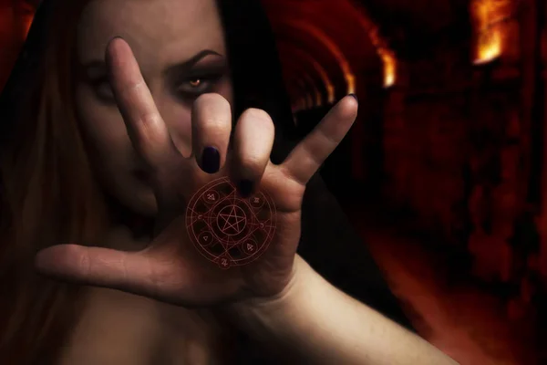 Kadın pentagram ile.