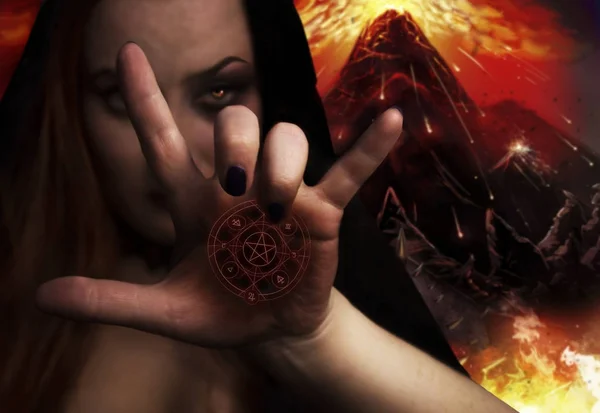 Kadın onun Palm'da pentagram ile 