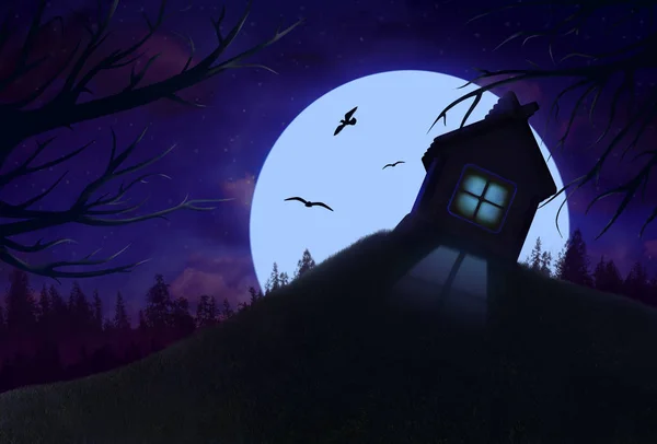 Noční Nádhernou Krajinu Osamělý Dům Kopci Úplněk Les Ptáci Úžasný — Stock fotografie