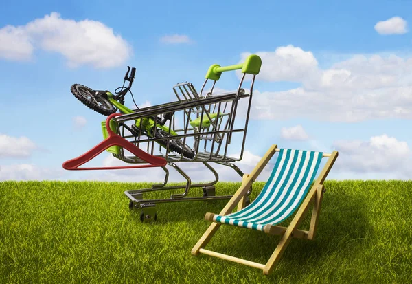 Travel stuff, purchases for journey: bicycle and hanger in the shopping cart and chaise-longue. Tourist concept.