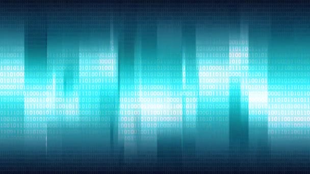 Fond abstrait bleu avec rayures verticales brillantes et tableau binaire numérique, boucle transparente 