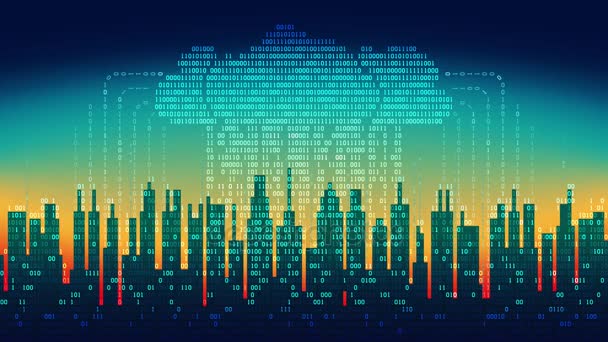 Lluvia binaria en la ciudad abstracta digital, el flujo de datos con la nube, fondo de alta tecnología, bucle sin fisuras — Vídeo de stock