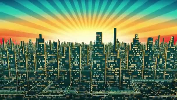 Вид с воздуха на силуэт городских небоскребов с светящимися окнами на фоне сияющего неба, бесшовная петля, альфа-мат — стоковое видео