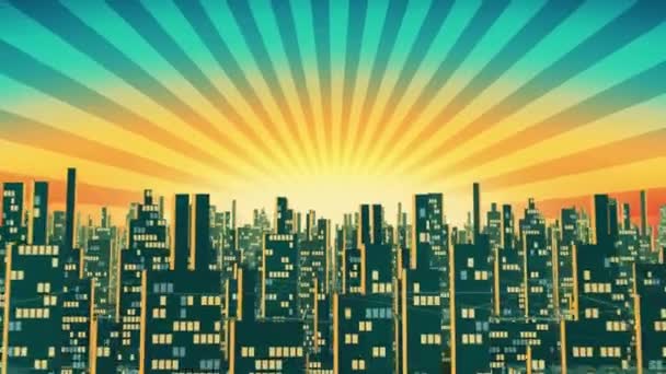 Вид с воздуха на силуэт городских небоскребов с светящимися окнами на фоне заката солнца, альфа-мат — стоковое видео