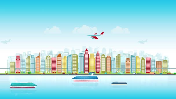 Colorful city skyline with traffic of various vehicles train airplane car ship in flat style, cityscape, seamless loop — Stock Video