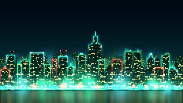 Silhouette d'horizon de la ville avec des fenêtres animées, illuminé sous la forme d'une inscription Joyeux Noël, fond avec des feux d'artifice, boucle sans couture — Video