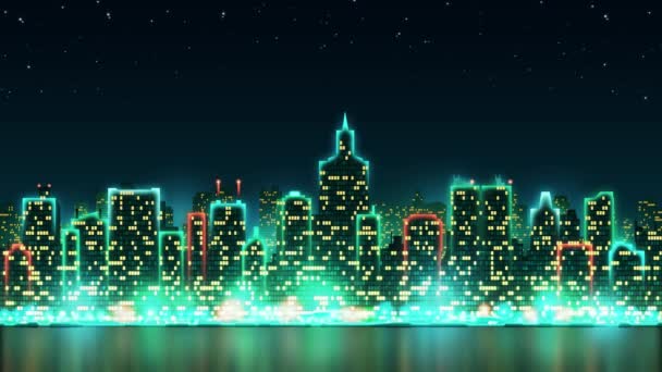 Ciudad horizonte nocturno con luces brillantes y ventanas animadas en el fondo del cielo estrellado, bucle sin fisuras — Vídeo de stock