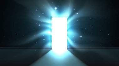 Karanlık bir odanın açık kapısından gelen ışık, çekici hipnotik ışık dokunaçları, soyut mistik parlak çıkış. Kapı şablonunu, arkaplanı aç, düzenle