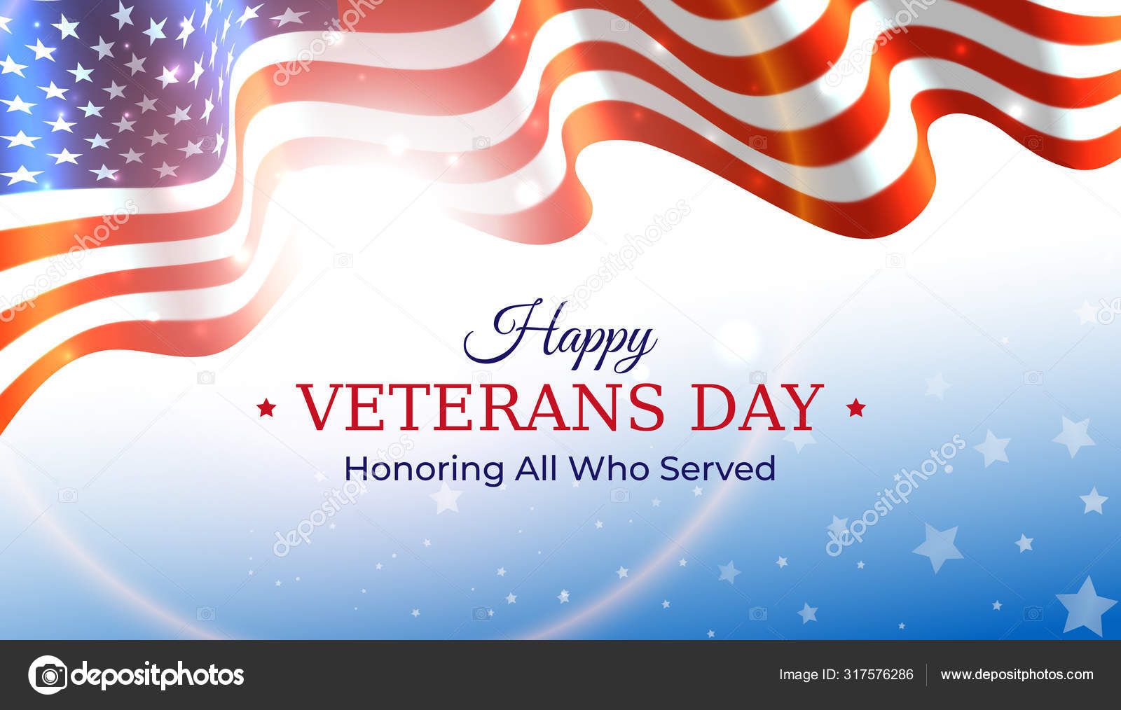 Happy veterans day banner. Waving american flag on blue sky background