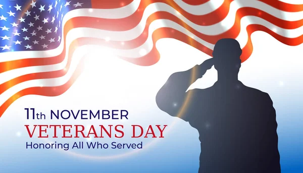 Gelukkige veteranen dag spandoek, zwaaiende Amerikaanse vlag, silhouet van een groet aan ons leger soldaat veteraan op blauwe lucht achtergrond. Nationale feestdag 11 november. Affiche, typografie ontwerp, vectorillustratie — Stockvector