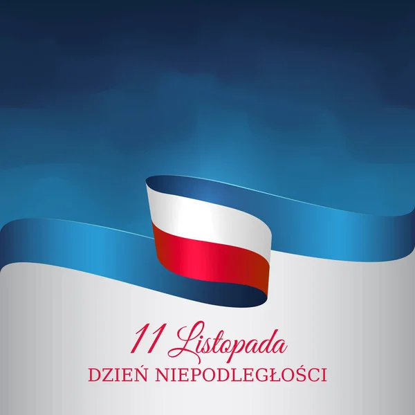 Bandiera 11 novembre, giorno dell'indipendenza della Polonia, modello vettoriale della bandiera polacca. Festa nazionale. Sventola bandiera su sfondo blu. Traduzione: 11 novembre, Giorno di indipendenza della Polonia — Vettoriale Stock