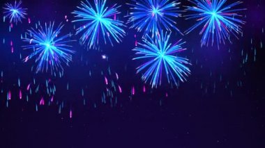 Gece gökyüzünde yıldızlı parlak havai fişekler. Parlak tasarım için güzel bir gökyüzü. Koyu mavi arka planda renkli havai fişekler. Canlandırılmış arkaplan, kusursuz döngü