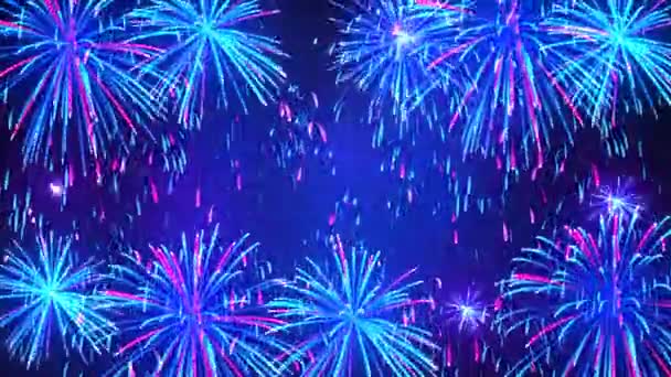 Bright Fireworks Night Sky Stars Colorful Fireworks Dark Blue Background — ストック動画