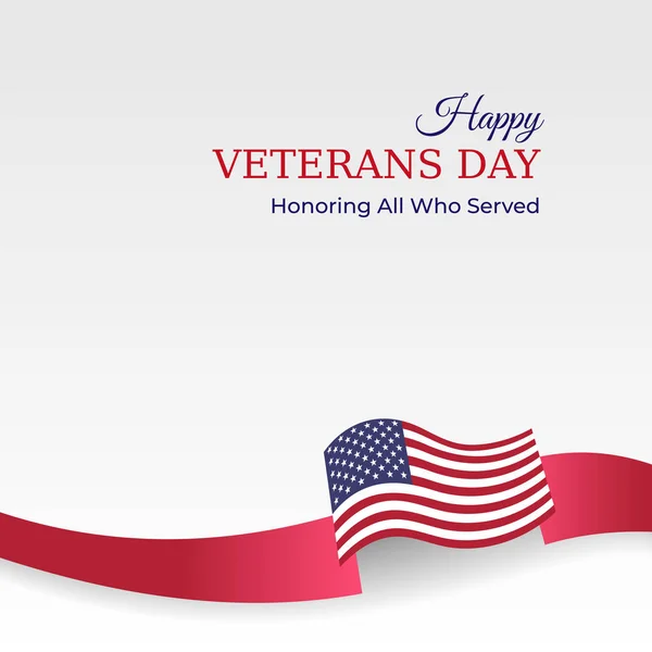 Gelukkige veteranen dag spandoek. Wuivende Amerikaanse vlag op lichte achtergrond. Nationale feestdag 11 november. Affiche, typografie ontwerp, vectorillustratie — Stockvector