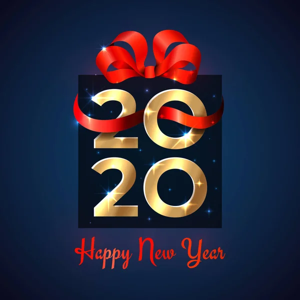 2020 Yeni Yıl. Kırmızı kurdeleli hediye kutusu şeklinde parlak altın 2020, koyu arkaplanda fiyonk. Tatil tebrik kartı. Davetiye, takvim ve tebrik kartı için yeni yıl tasarımı. Vektör partisi dekorasyonu — Stok Vektör