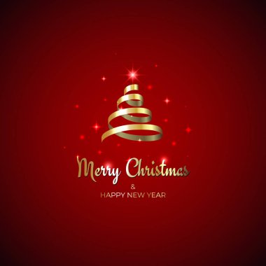 Mutlu Noeller ve yeni yıl tebrik kartı. Noel ağacı şeklinde altın kurdele, yılan. Yıldızlar, kırmızı arka planda parıltılar. Vektör Xmas parti afişi. Mutlu yeni yıl tasarımı