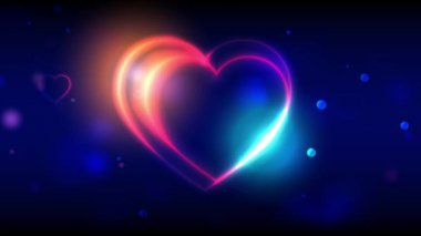 Valentines day animation background. Happy valentine's day animated greeting cards. Bright multi-colored heart shape on dark bokeh background. Blue and golden shine. 4k video