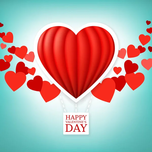 Valentines day greeting card with red hot air balloon heart. Happy valentine day banner. Love decorative concept designon light blue background. Sale poster. Vector illustration — ストックベクタ